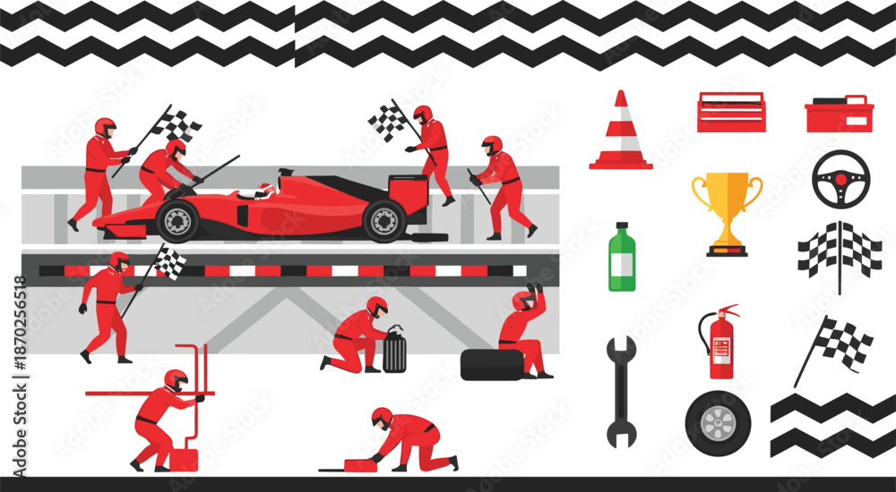 Fototapeta premium Formula 1 Racing Pit Stop Illustration Set with Crew and EquipmentFormula 1 Racing Pit Stop Illustration Set with Crew and Equipment