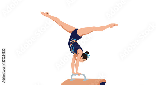 Female gymnast in a blue leotard performing a difficult handstand split on a pommel horse with grace and precision.