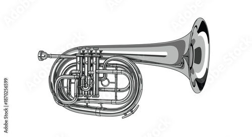 Detailed black and white illustration of a brass French horn musical instrument, showing its coiled tubing and valves.