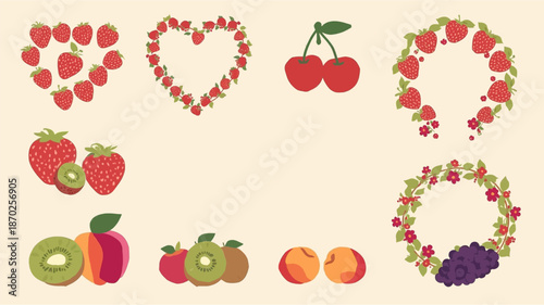 Various fresh fruits and berry arrangements including strawberries, cherries, kiwis, apples, and peaches on a light background.