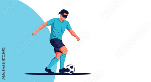 Blindfolded man playing blind football, a paralympic sport, dribbling a soccer ball on a blue and white background.