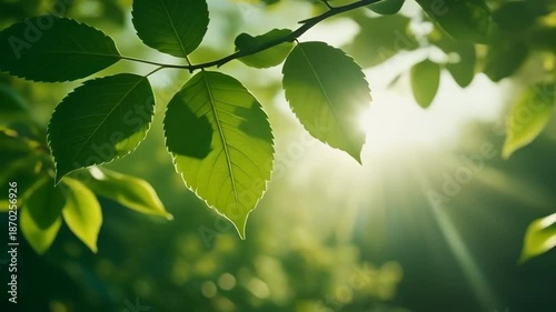 Sunlit Green Leaves on Branch with Blurred Forest Background in