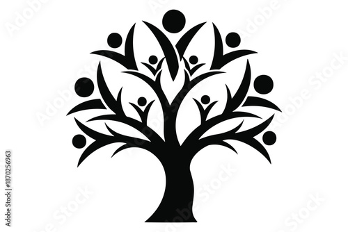 Black silhouette of a tree with people sitting on the branches in a symbol of community and togetherness