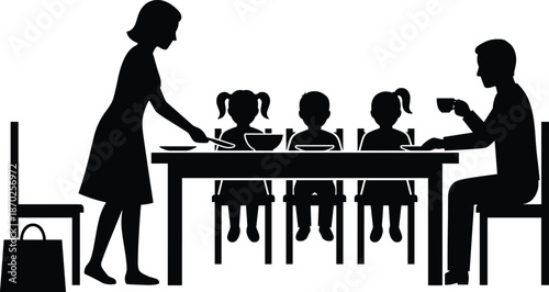 Family dinner silhouettes, parents serving children food, home dining table scene, family togetherness, daily meal routine, parenting lifestyle illustration