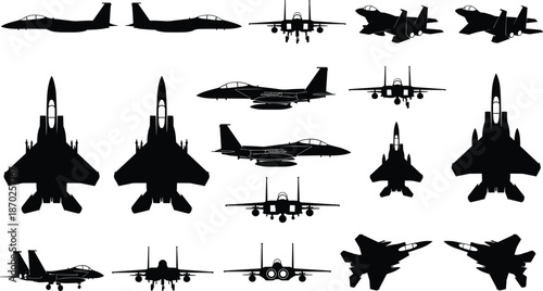 Fighter jet silhouette icons set, military aircraft collection, modern combat airplanes, air force aviation vector illustration