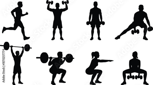 Fitness silhouette icon set, gym workout exercises, weightlifting squats running training, male female strength activity black vector collection