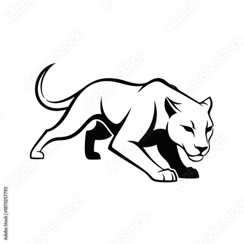 A stylized black and white illustration of a powerful panther crouching low.