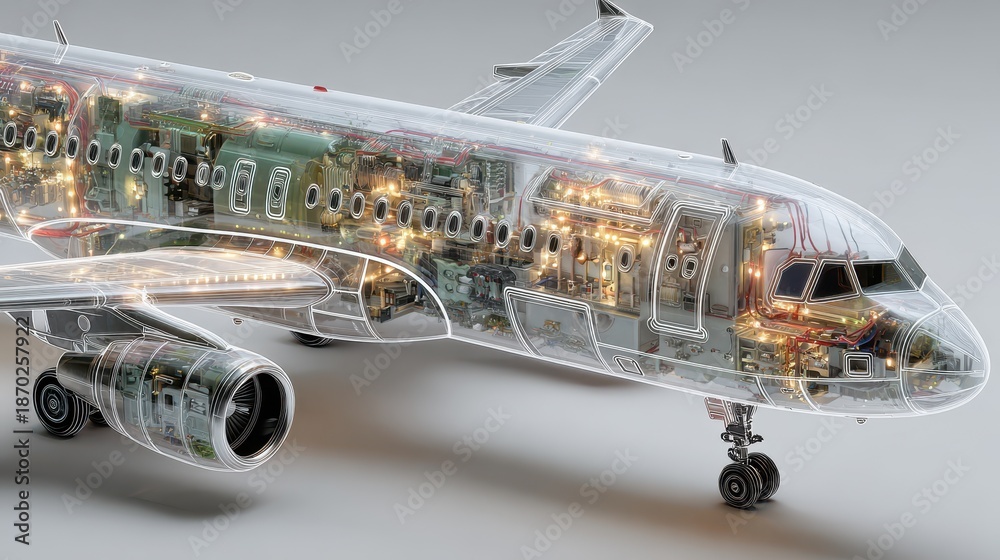 custom made wallpaper toronto digitalDetailed Transparent Cross-Section of a Modern Commercial Airplane Revealing Intricate Internal Systems, Engines, and Wiring � Advanced Aviation Technology and Engineering on White Background.