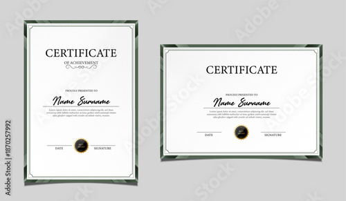 Elegant certificate of achievement set in vertical and horizontal layout, classic green and gold border design, professional award template for business, corporate, education and formal recognition.