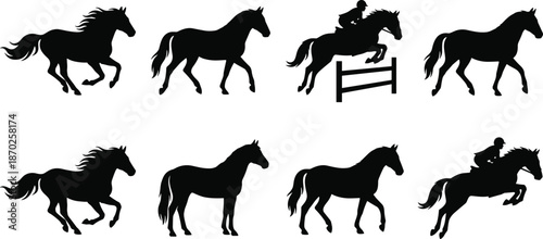Horse silhouette icons set, running jumping equestrian poses, rider obstacle jump, black animal vector illustration collection