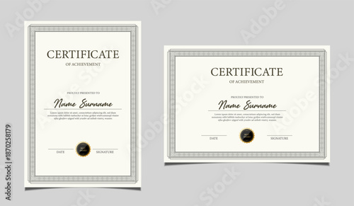 Elegant certificate of achievement set in vertical and horizontal layout, classic black and gold border design, professional award template for business, corporate, education and formal recognition.