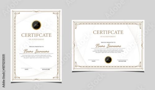 Elegant certificate of achievement set in vertical and horizontal layout, classic black and gold border design, professional award template for business, corporate, education and formal recognition.