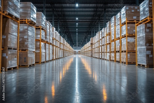 vast symmetrical warehouse aisle lined with tall pallet racks stacked with shrink-wrapped cardboard boxes, polished reflective concrete floor, overhead lights and a calm efficient atmosphere