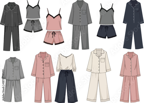 A collection of ten distinct pajama sets featuring various long and short styles