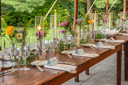 Farm table set for an elegant wedding 