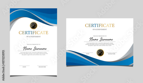 Elegant certificate of achievement set in vertical and horizontal layout, classic blue and gold border design, professional award template for business, corporate, education and formal recognition.