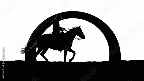 Silhouette of a cowboy riding a horse through an archway.