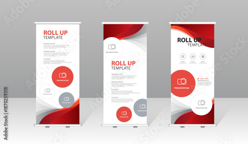 Modern roll up banner template set with red abstract design, professional presentation stand for business, corporate marketing, exhibition, trade show and advertising display.