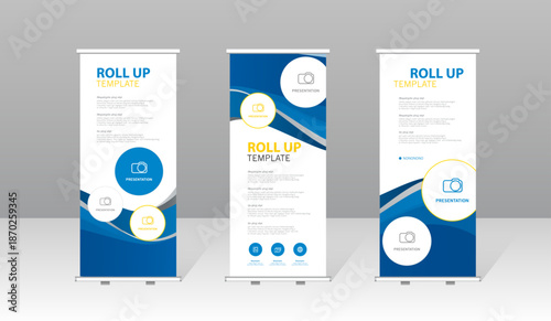 Modern roll up banner template set with blue abstract design, professional presentation stand for business, corporate marketing, exhibition, trade show and advertising display.