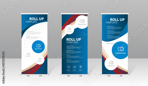 Modern roll up banner template set with blue abstract design, professional presentation stand for business, corporate marketing, exhibition, trade show and advertising display.