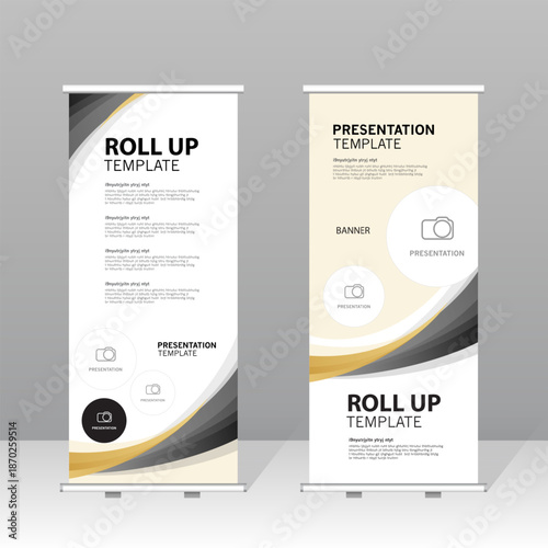 Modern roll up banner template set with black and gold abstract design, professional presentation stand for business, corporate marketing, exhibition, trade show and advertising display.