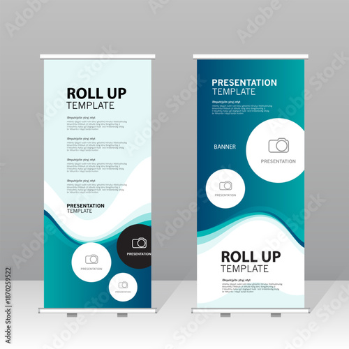 Modern roll up banner template set with blue and gold abstract design, professional presentation stand for business, corporate marketing, exhibition, trade show and advertising display.