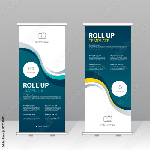 Modern roll up banner template set with blue and yellow abstract design, professional presentation stand for business, corporate marketing, exhibition, trade show and advertising display.