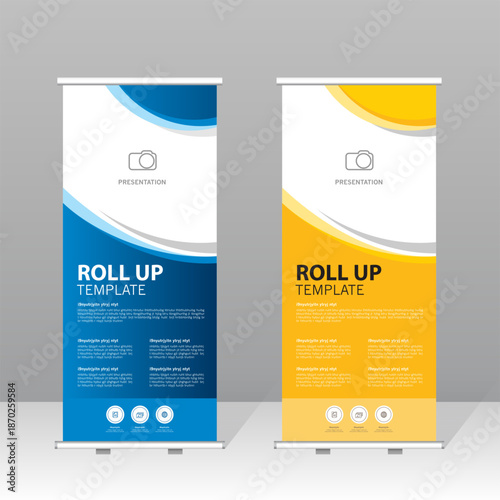 Modern roll up banner template set with blue and yellow abstract design, professional presentation stand for business, corporate marketing, exhibition, trade show and advertising display.