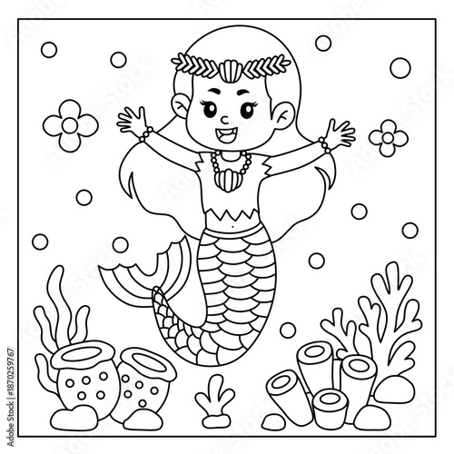 cute mermaid cartoon coloring pages set in the underwater world