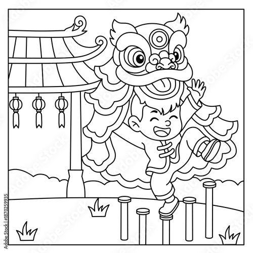 coloring pages of cartoon boys playing lion dance in chinese new year celebration