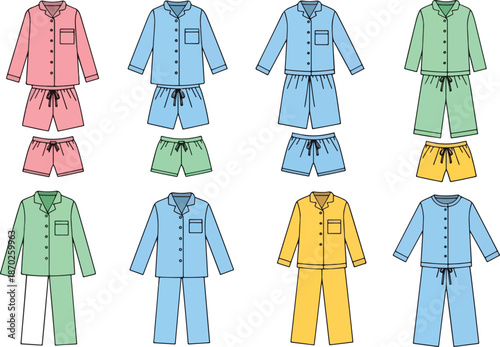 A grid of eight pajama sets in various colors and styles