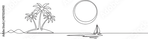 Minimalist tropical island with palm trees and sailboat line art.