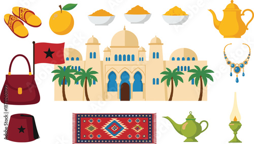 Moroccan Culture Vector Set with Traditional Architecture, Spices, Tea Pot, Lantern, Jewelry, Flag, and Decorative Elements for Travel and Heritage Designs