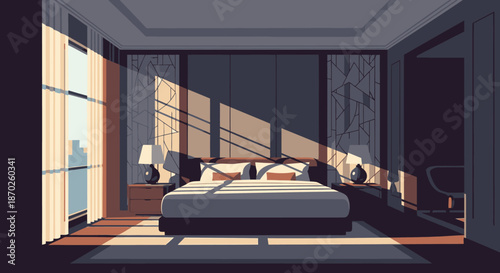 A beautifully illuminated modern luxury bedroom interior bathed in warm morning sunlight, creating a serene and inviting atmosphere with striking shadows.