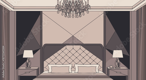 A chic modern bedroom interior, showcasing a luxurious bed, elegant lamps, a grand chandelier, and striking geometric wall patterns, perfect for comfort.