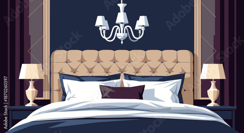 An elegant and inviting bedroom features a plush tufted headboard, soft pillows, and ambient lighting, creating a serene and luxurious retreat.