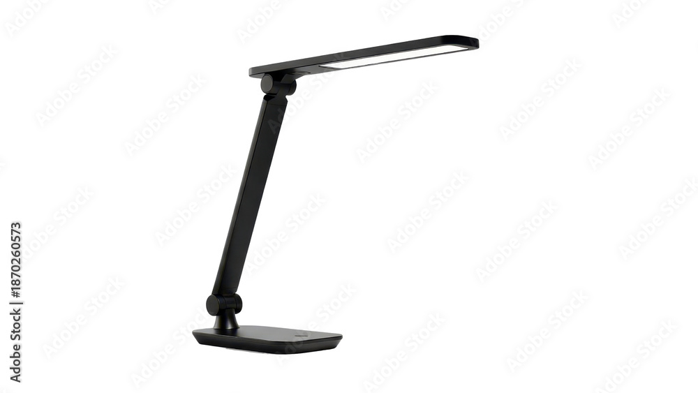 Naklejka premium Modern black LED desk lamp with adjustable arm, sleek minimalist office table light, contemporary foldable reading lamp for workspace and study