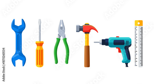 Colorful set of various tools for repair and construction