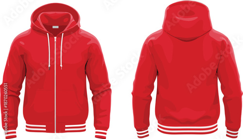 Red zip hoodie vector illustration with front and back views glossy modern casual apparel design mockup for fashion branding