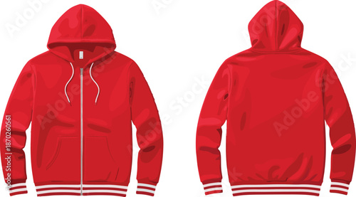 Red zip hoodie vector illustration with front and back views glossy sporty casual apparel mockup for fashion branding design