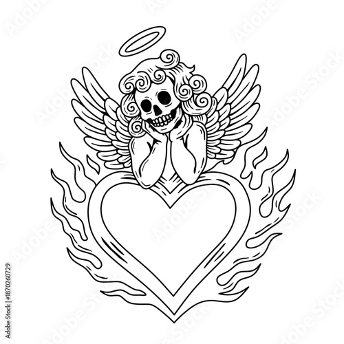 romantic gothic illustration of angel skull with burning heart.old style tattoo art