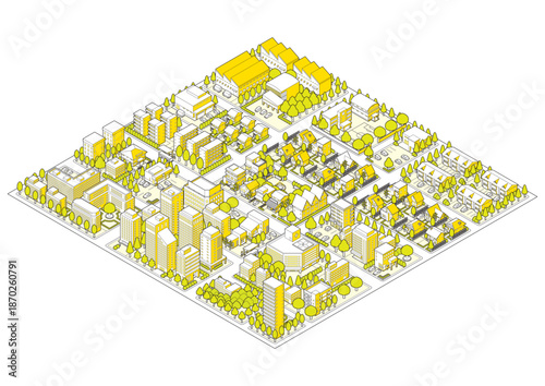 街並みの立体図. 都市の景観. アイソメ図で描いた都市.