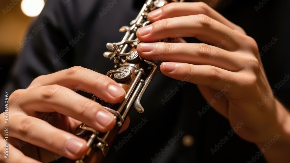 Fototapeta premium Close-up of hands playing a clarinet with fingers on keys in a dark setting.