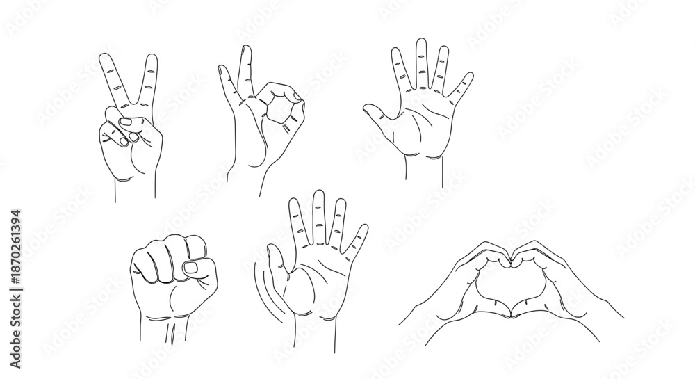 Fototapeta premium Collection of various hand gestures and signs in black and white