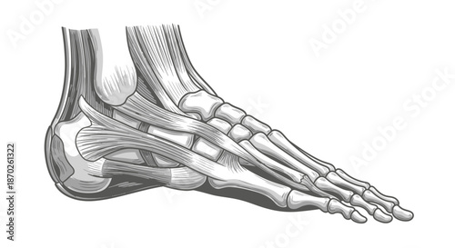 Detailed anatomical illustration of the human foot's skeletal structure and ligaments