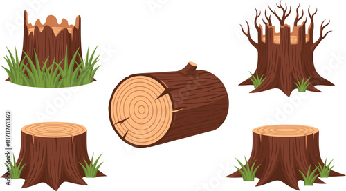 Tree Stump and Log Vector Set with Cut Wood Trunks, Forest Timber Elements, and Natural Woodland Objects for Ecology and Nature Illustrations