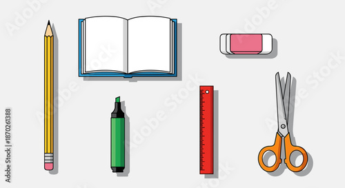 School supplies including pencil, book, eraser, and scissors on a light gray background