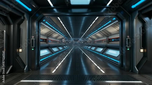 Futuristic spaceship interior with neon lights and advanced technology