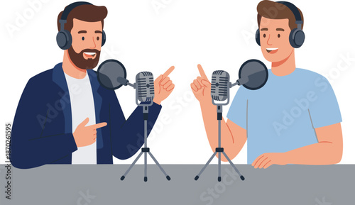 Two male podcasters recording podcast show with microphones headphones and friendly discussion concept flat vector illustration design