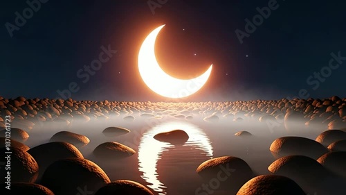 Glowing crescent moon over serene rocky landscape